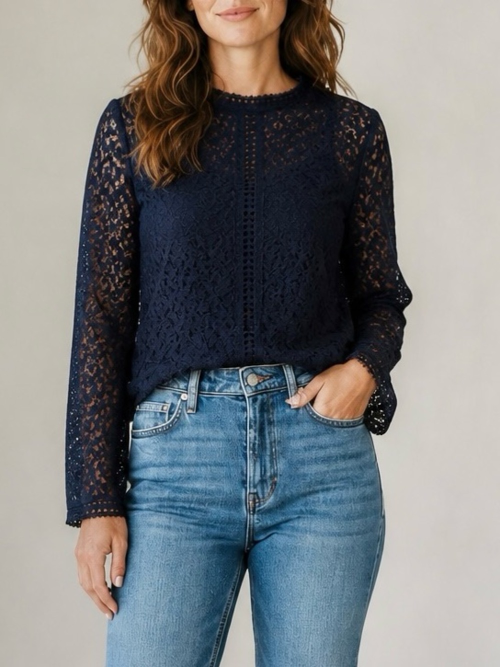 Gap Women's Navy Blue Long Sleeve Mock Neck Sheer Lace Blouse Fairy | Size large
